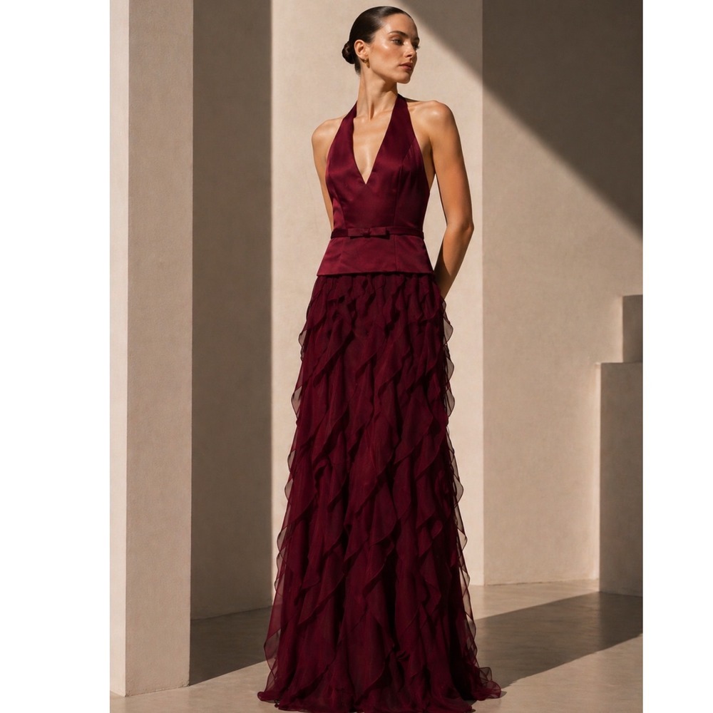 Mon Cheri EVENINGS 6 Halter Ruffle Chiffon Satin Maxi Dress Gown Garnet Formal